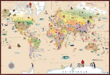 מפת העולם לילדים הכוללת חיות אנדמיות מנוילנת 70X100 - צבע קרם