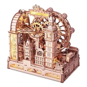 פאזל מכני ממונע – מסלול גולות בלונדון – פאזל עץ תלת מימד לבניית מסלול גולות מבית  ROKR